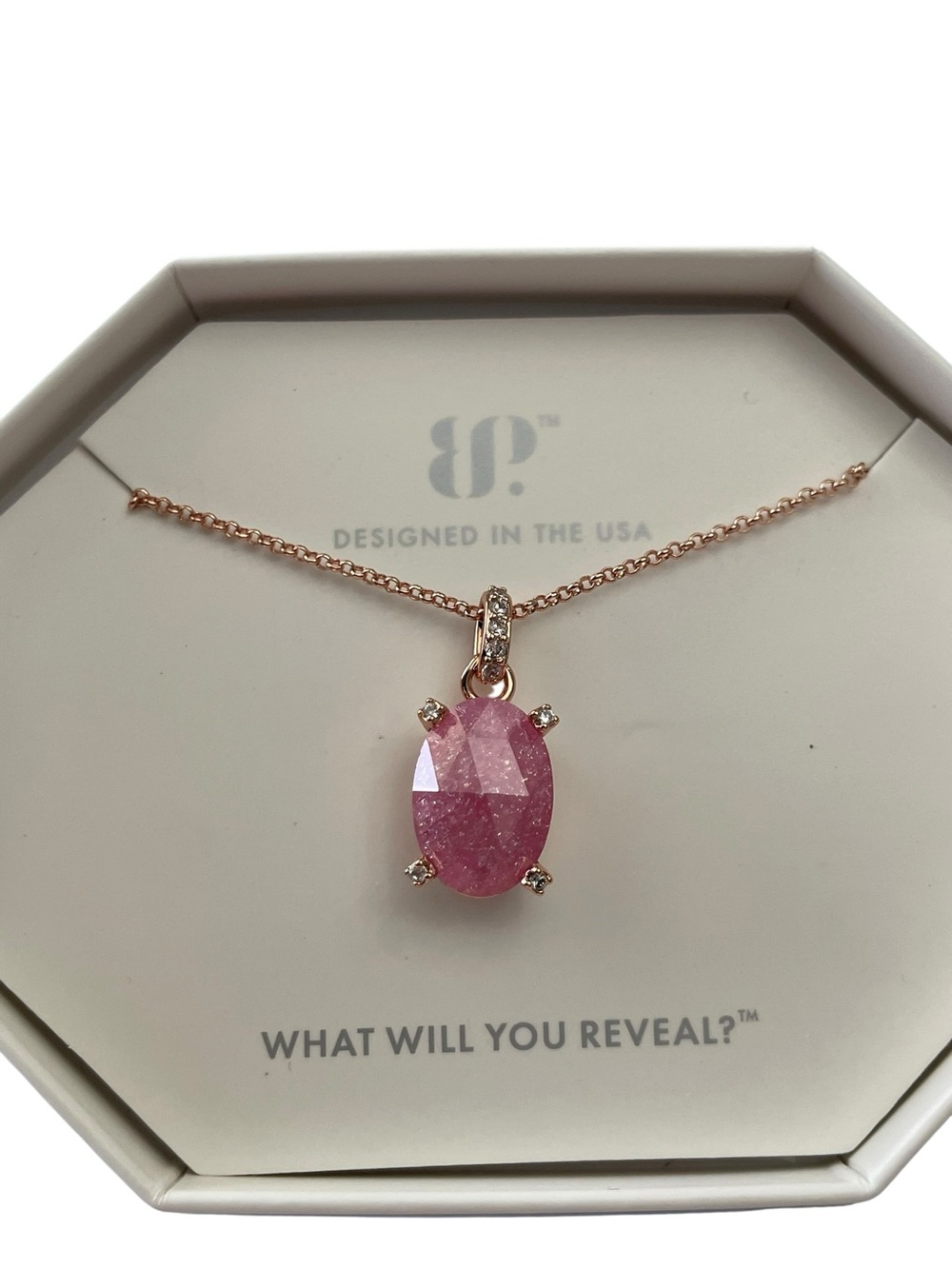 Bomb Party NK67504 Necklace - “Quiet on the Lake” Rose Gold/Pink Ice Crystal NIB
